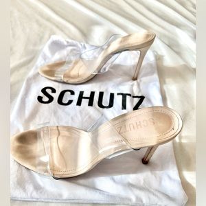 Schutz Ariella Clear Strap Mules Heels, Nude, Size 7.5